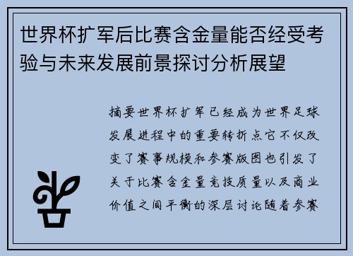 世界杯扩军后比赛含金量能否经受考验与未来发展前景探讨分析展望
